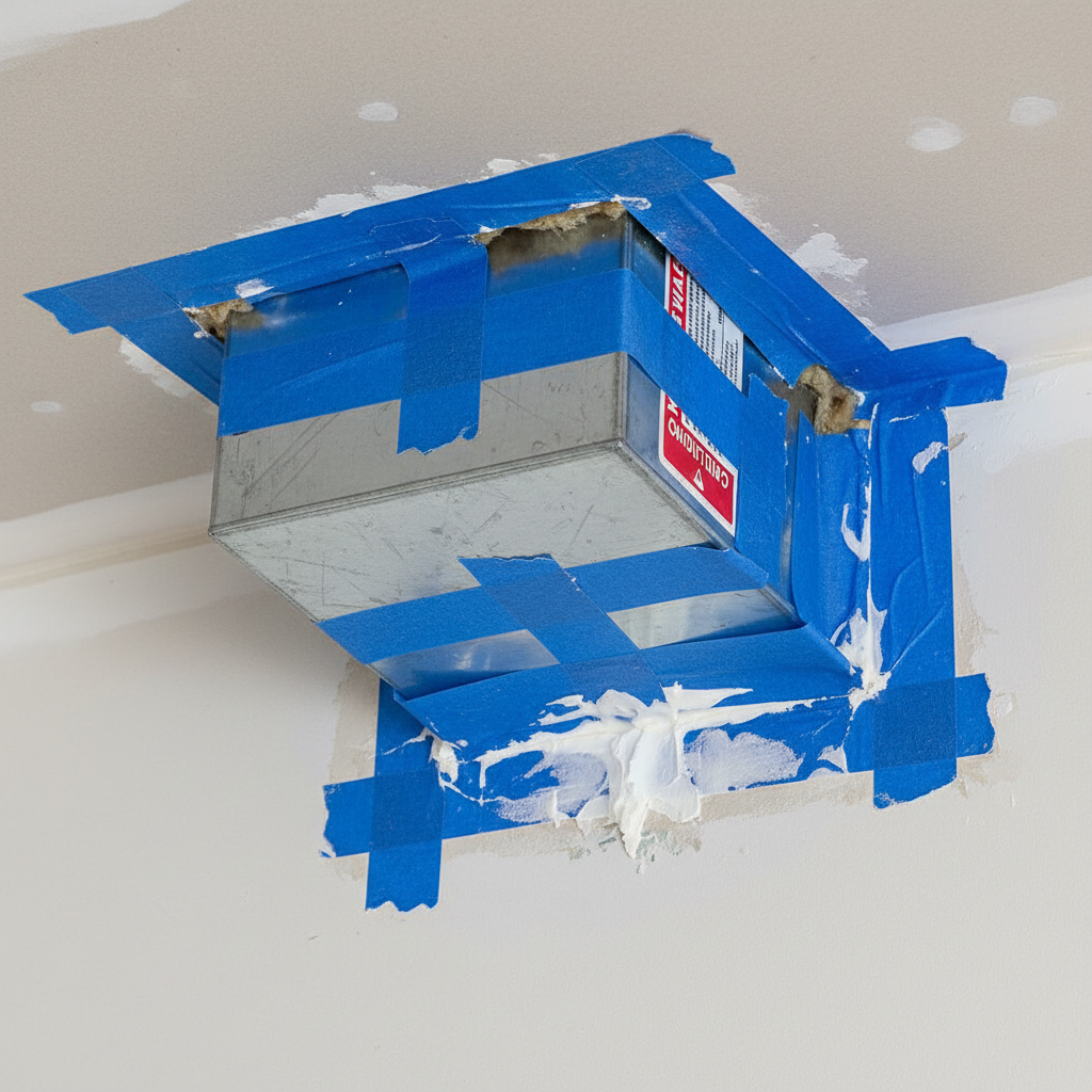 HVAC ductwork penetration sealed with blue painters tape instead of approved sealant
