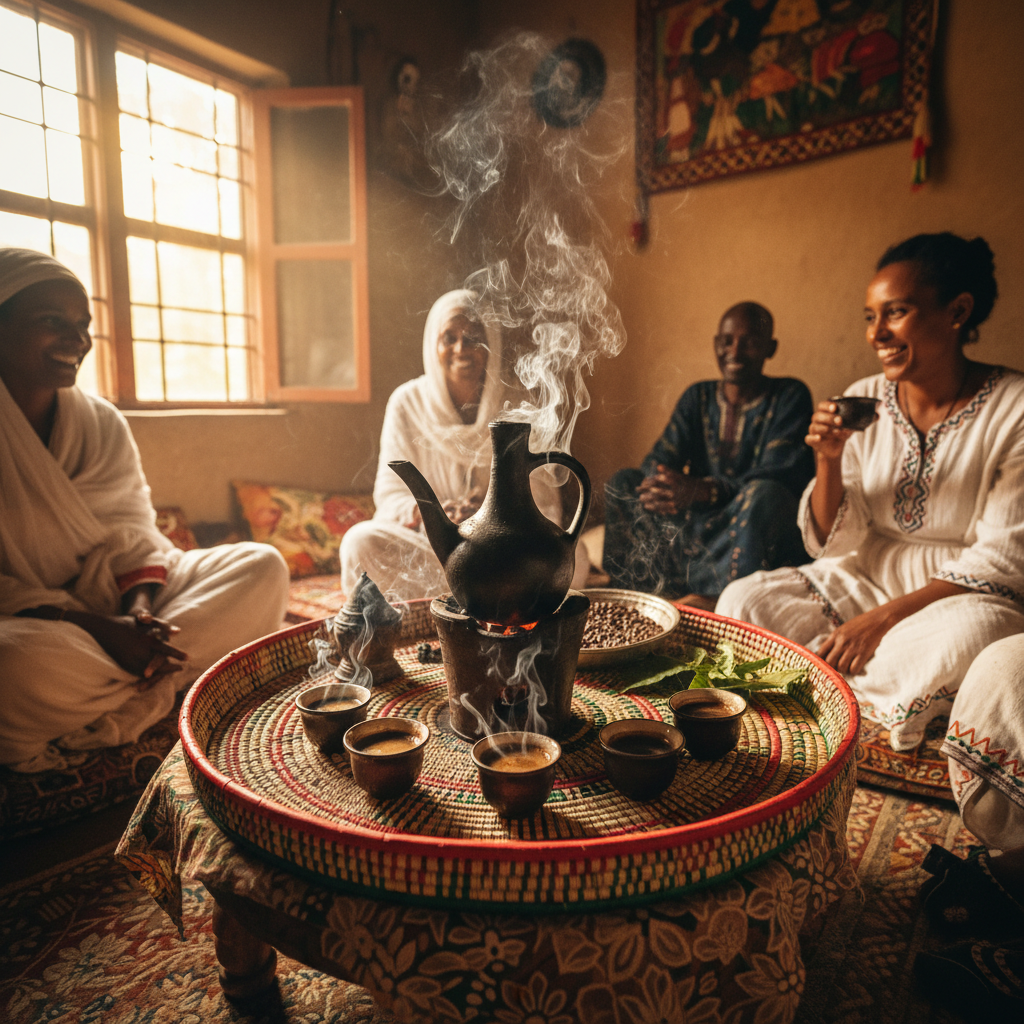 Ethiopian coffee ceremony with clay pots and incense smoke, warm amber lighting