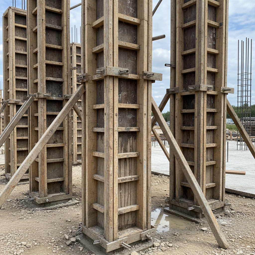 Wooden and steel formwork panels assembled for concrete slab, construction workers in background, dramatic industrial shadows