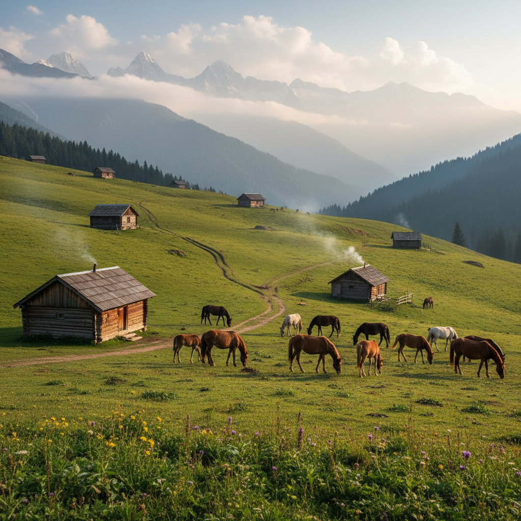 Aru Valley pastoral landscape with wooden huts and grazing horses
