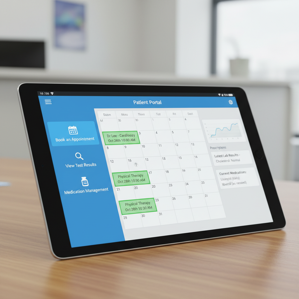 Modern medical dashboard on laptop screen, clean white hospital environment, bright airy clinical setting