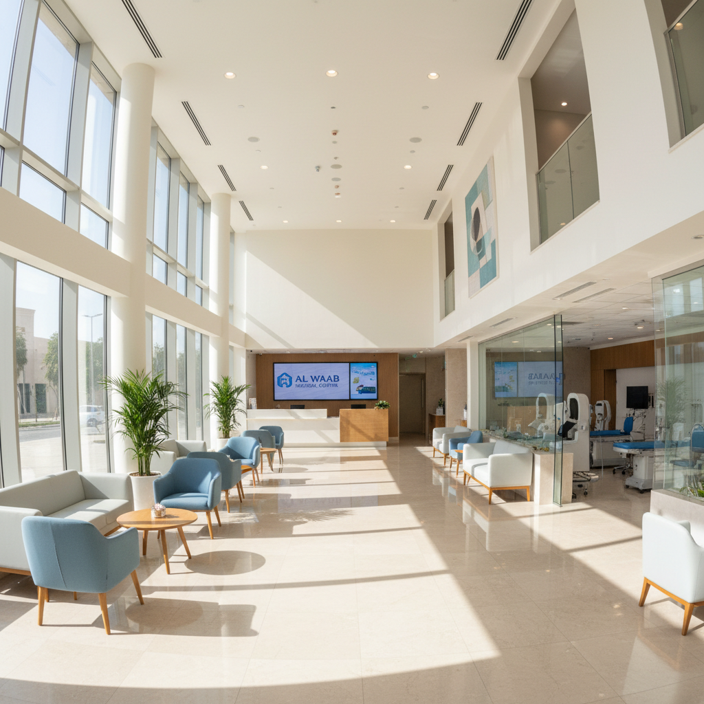 Modern medical clinic interior with bright white walls, clean lines, soft natural lighting, minimal healthcare aesthetic