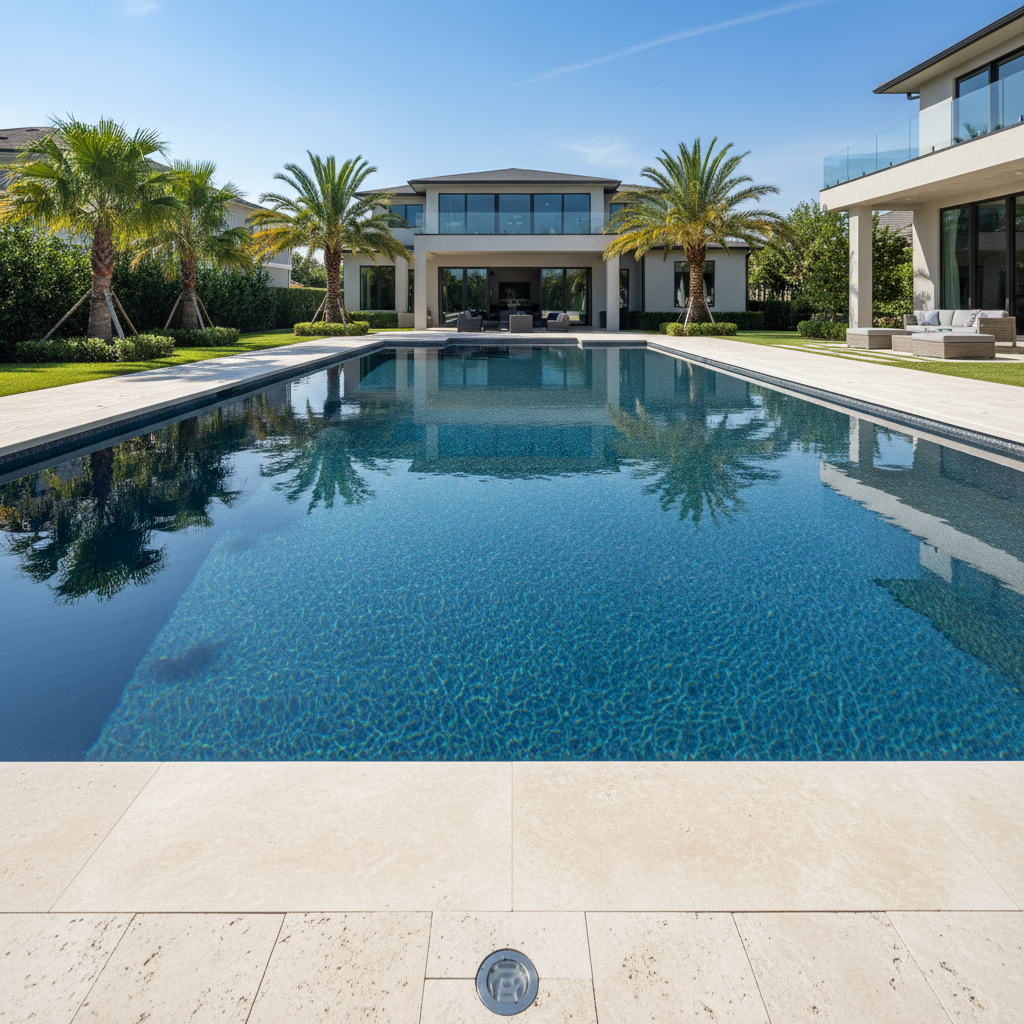 After: Clean travertine coping, resurfaced PebbleTec interior, new LED deck lights, still water reflecting house