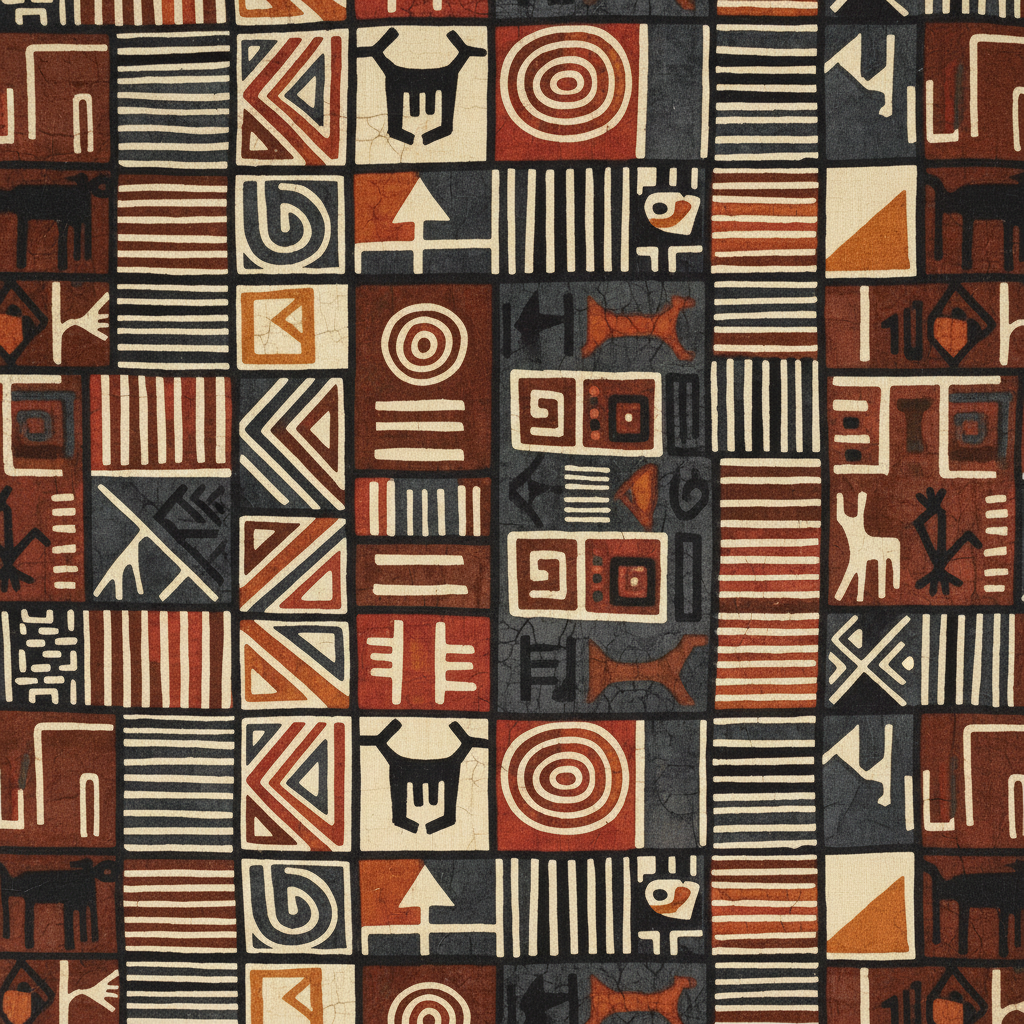 Handmade Bogolan mud-cloth jacket in earthy brown and cream geometric symbols, artisanal texture close-up