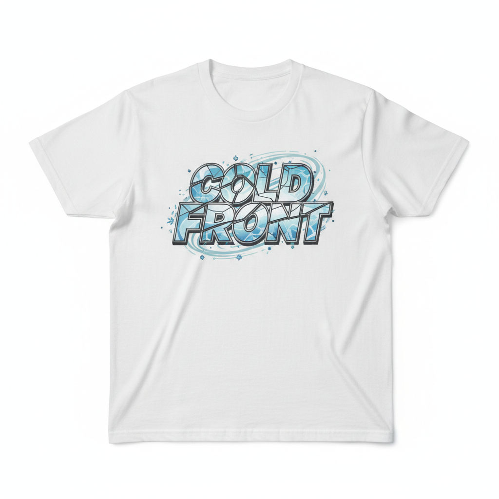 White tee with cold front typography design