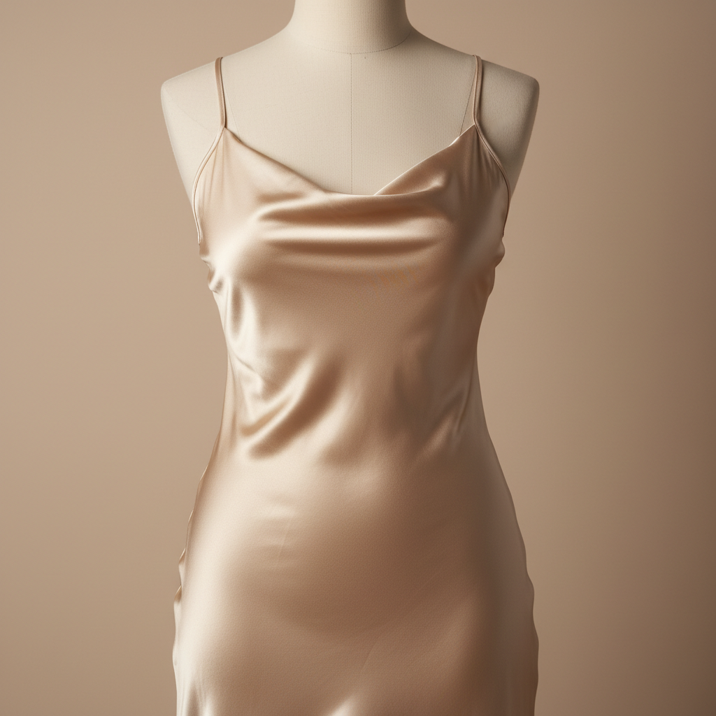 Satin slip dress model bright clean studio warm light