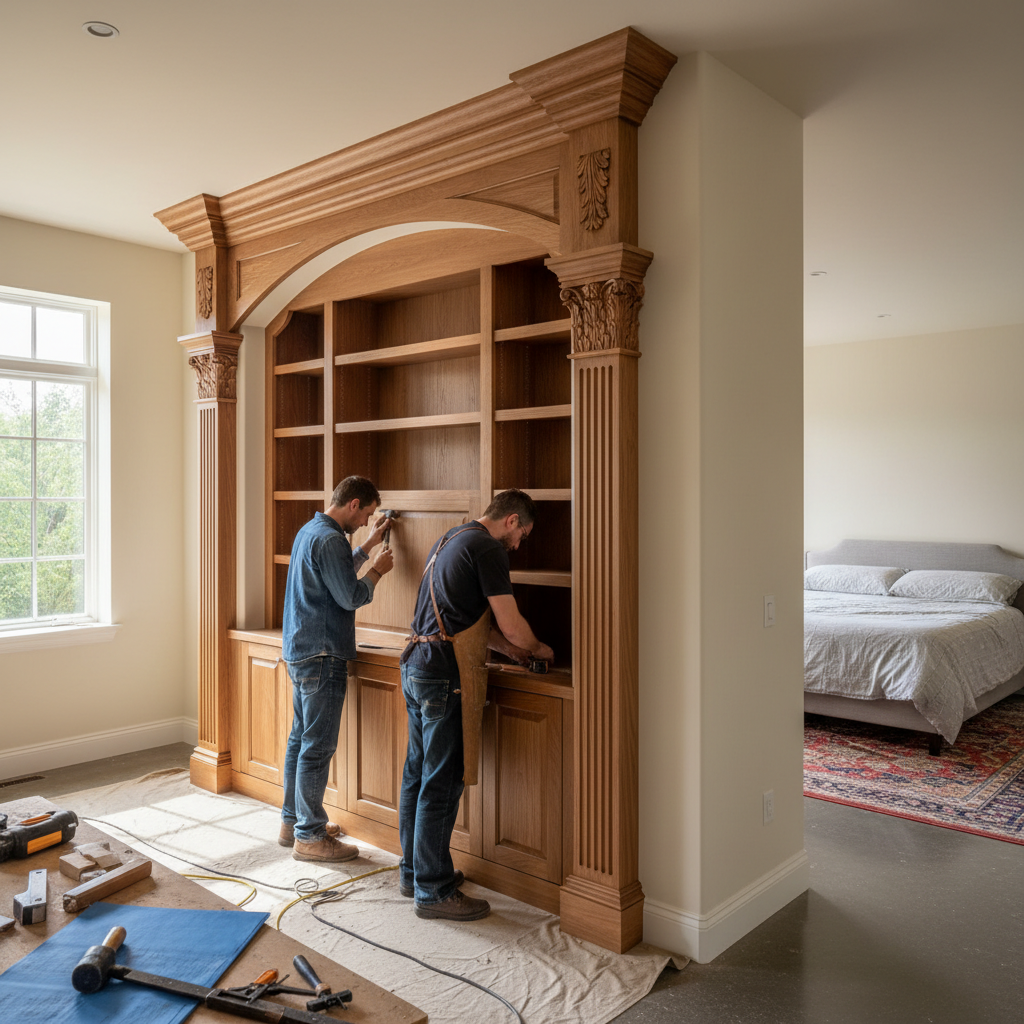Handyman working on wooden shelving in a bright living room, warm afternoon light, professional craftsmanship