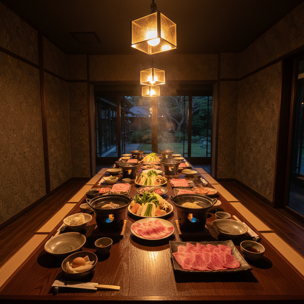 Private dining room with long wooden table, soft amber lighting, sukiyaki service