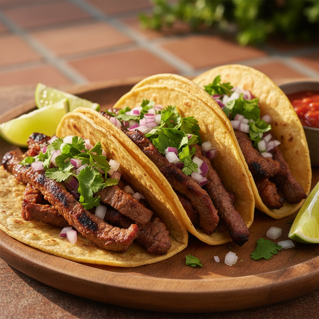 Three loaded street tacos with fresh cilantro, onion, and lime on rustic wooden surface
