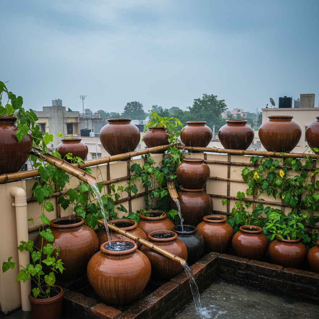 Rainwater harvesting system with gutters and storage tank on a Kenyan home during rainy season