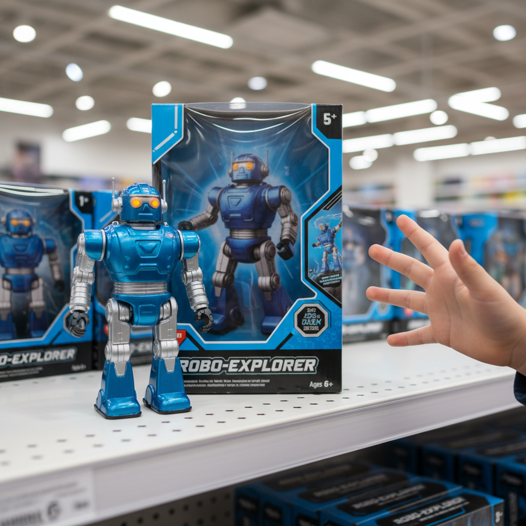 Finished toy on retail shelf with professional packaging, child's blurred hand reaching toward it from the right