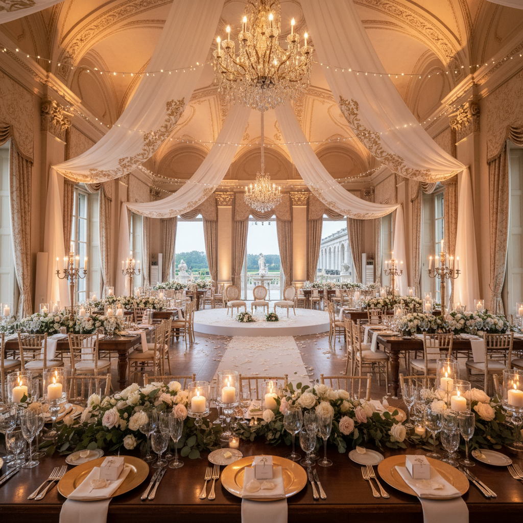 Altın ve beyaz tonlarında lüks düğün salonu dekorasyonu, kristal avizeler, zarif masa düzeni, muhteşem ışıklandırma