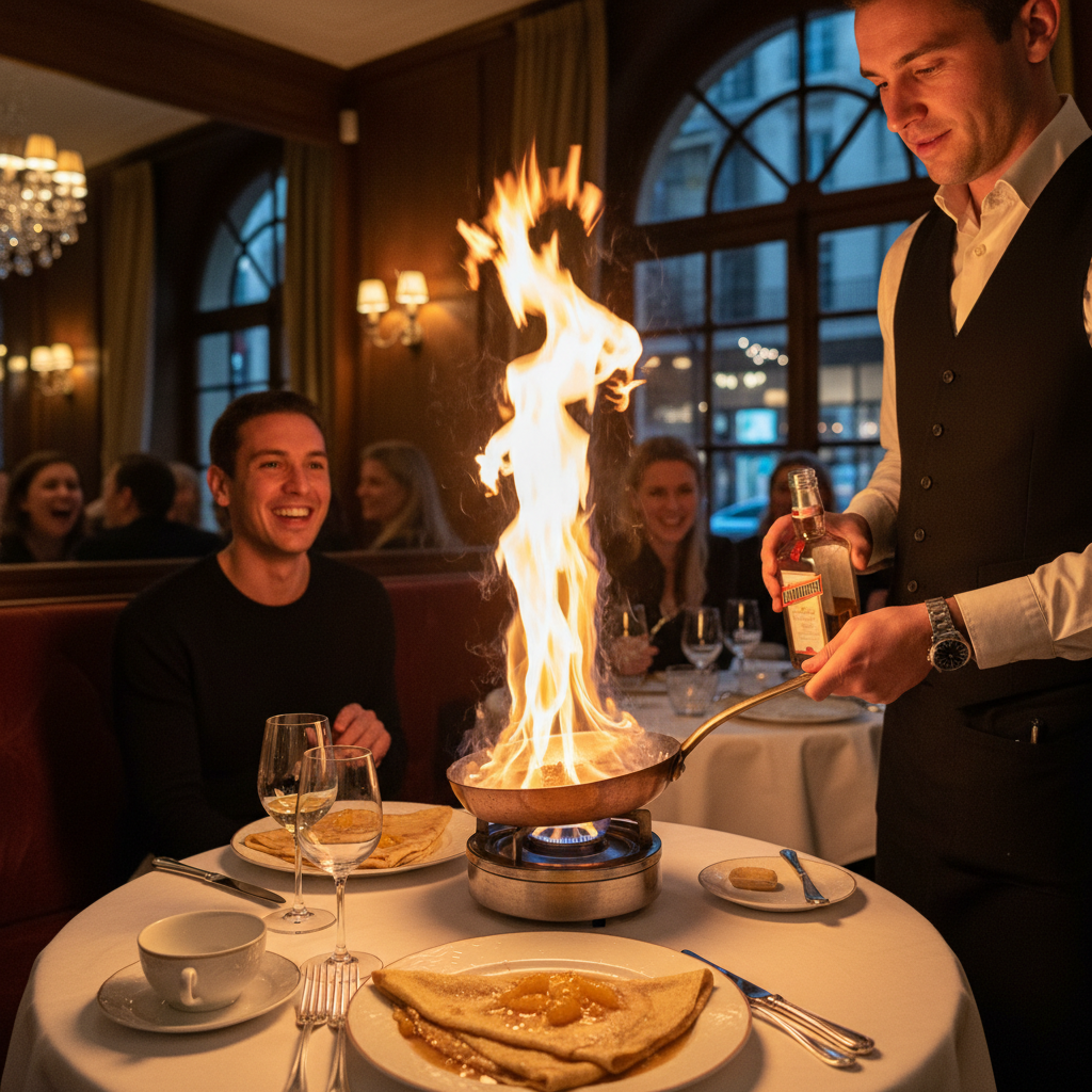Vintage black and white photograph of classic French crêpe Suzette being flambéed tableside