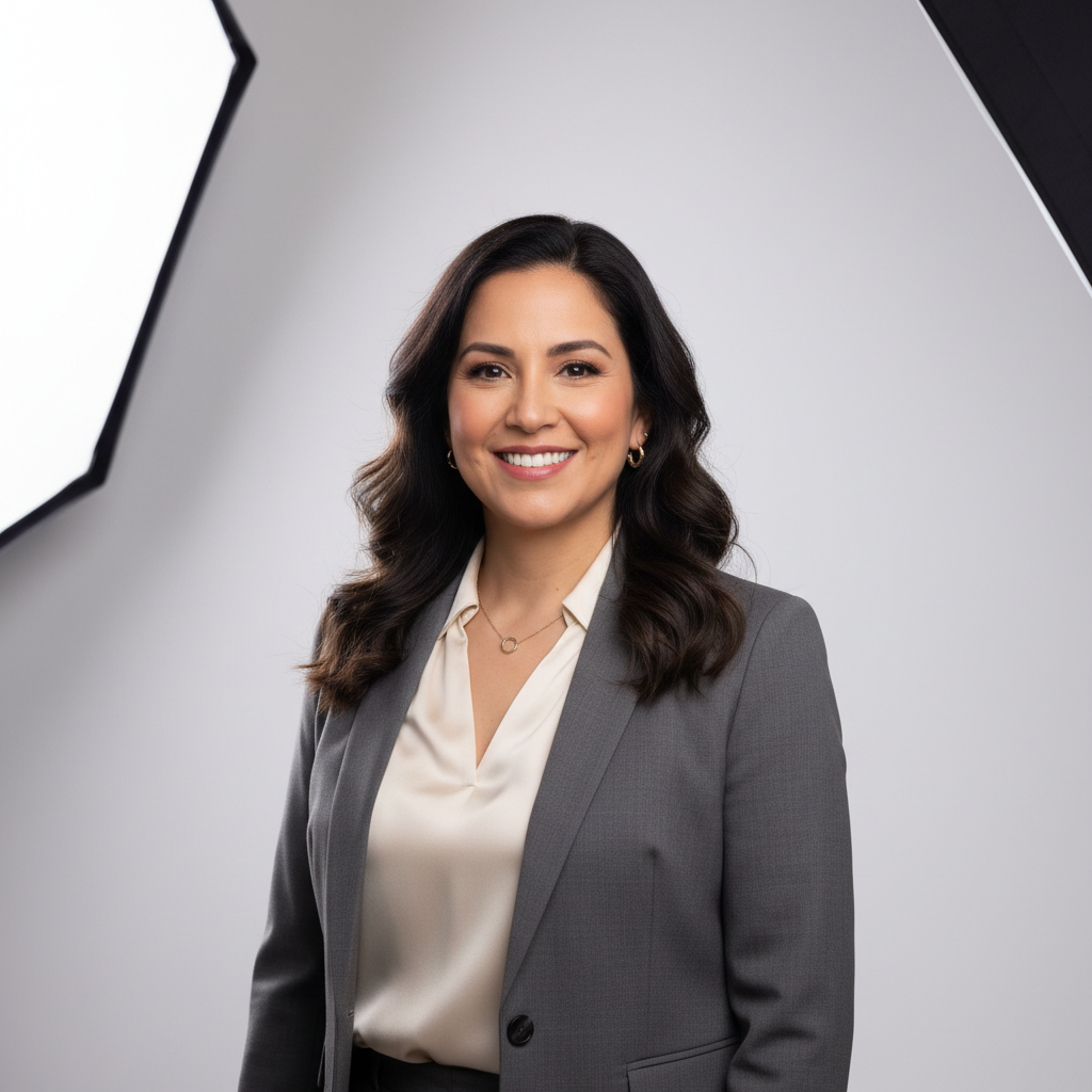 Priya Mehta, Lacquer franchise owner in Chicago, smiling confidently in studio environment