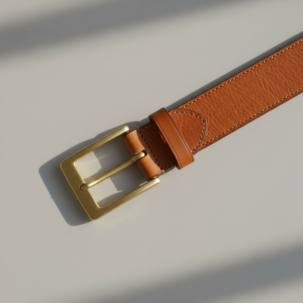 Classic full-grain leather belt in medium brown with brass buckle