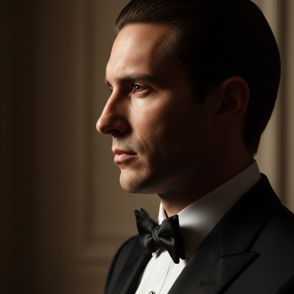 Man in formal attire, side lighting, sharp features