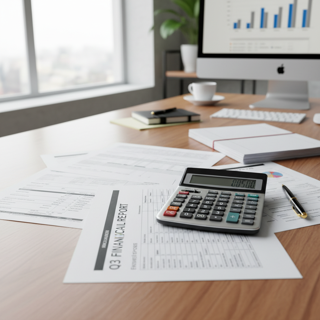 Financial documents and calculator on dark desk, professional business environment with low lighting