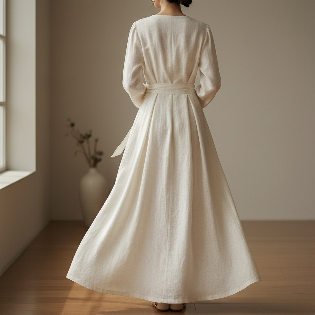 Linen wrap dress side view, movement in fabric, outdoor architectural setting