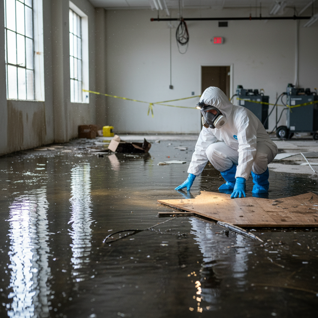 Restoration technician assessing water damage in a flooded room with professional equipment