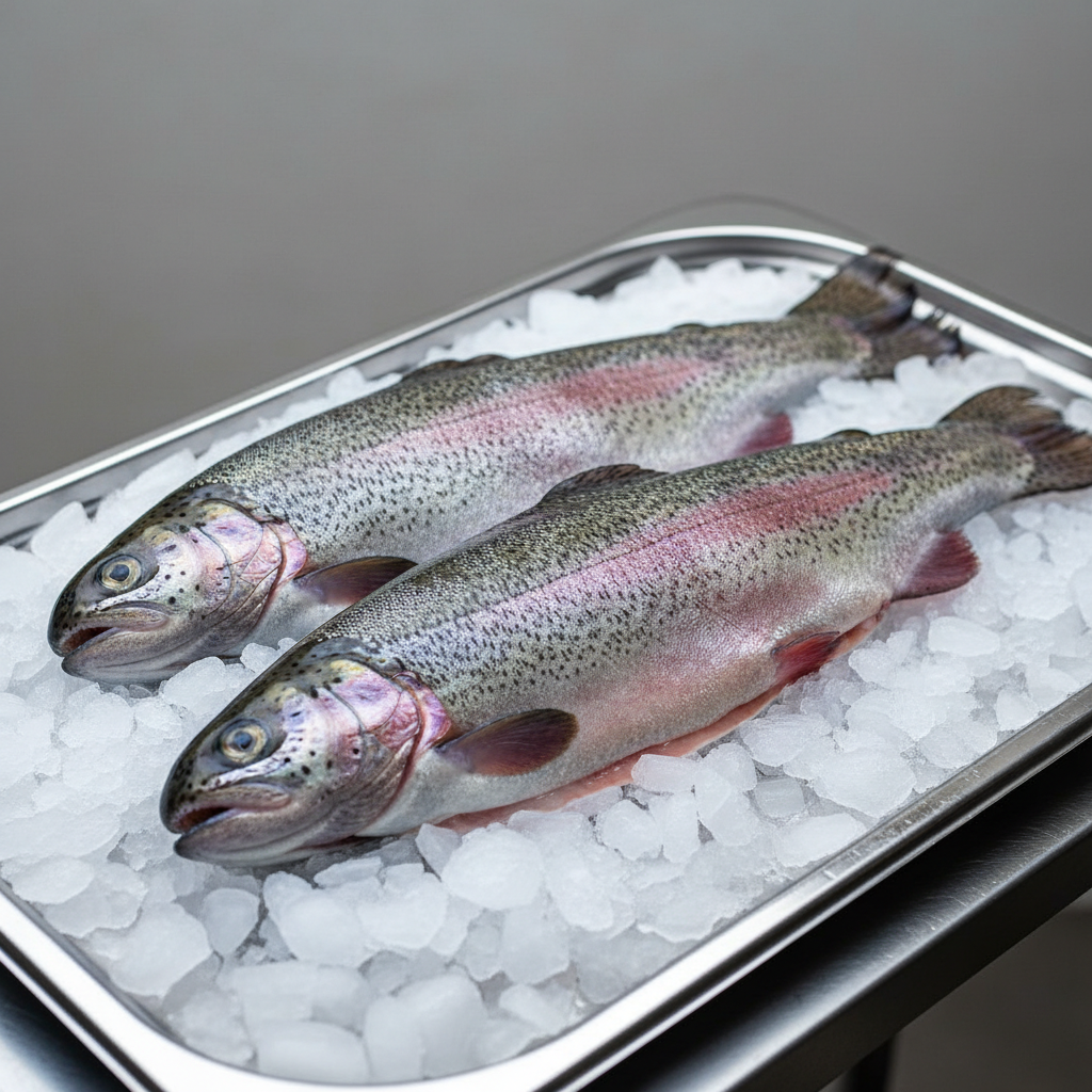 Fresh whole rainbow trout on ice