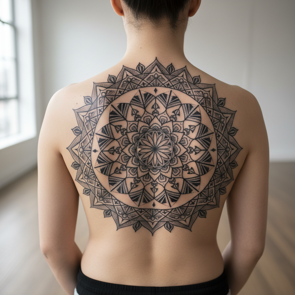 Instagram post showing blackwork mandala geometric tattoo on back