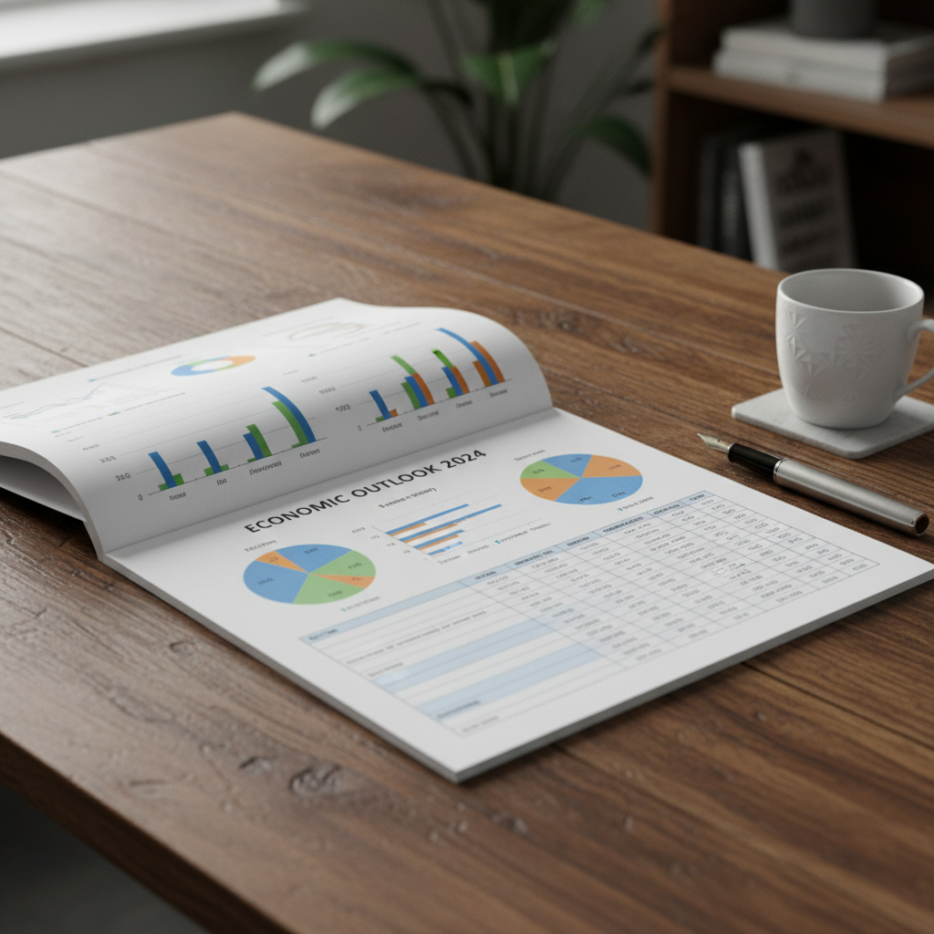 Open policy report with charts and data tables on a wooden desk beside a coffee cup and pen