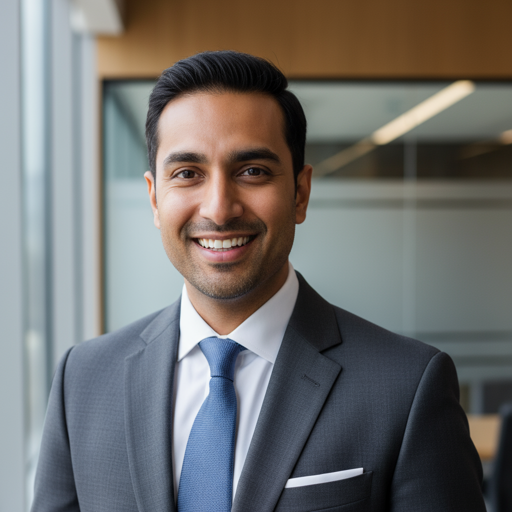 Professional South Asian businessman in formal attire with confident expression against neutral background