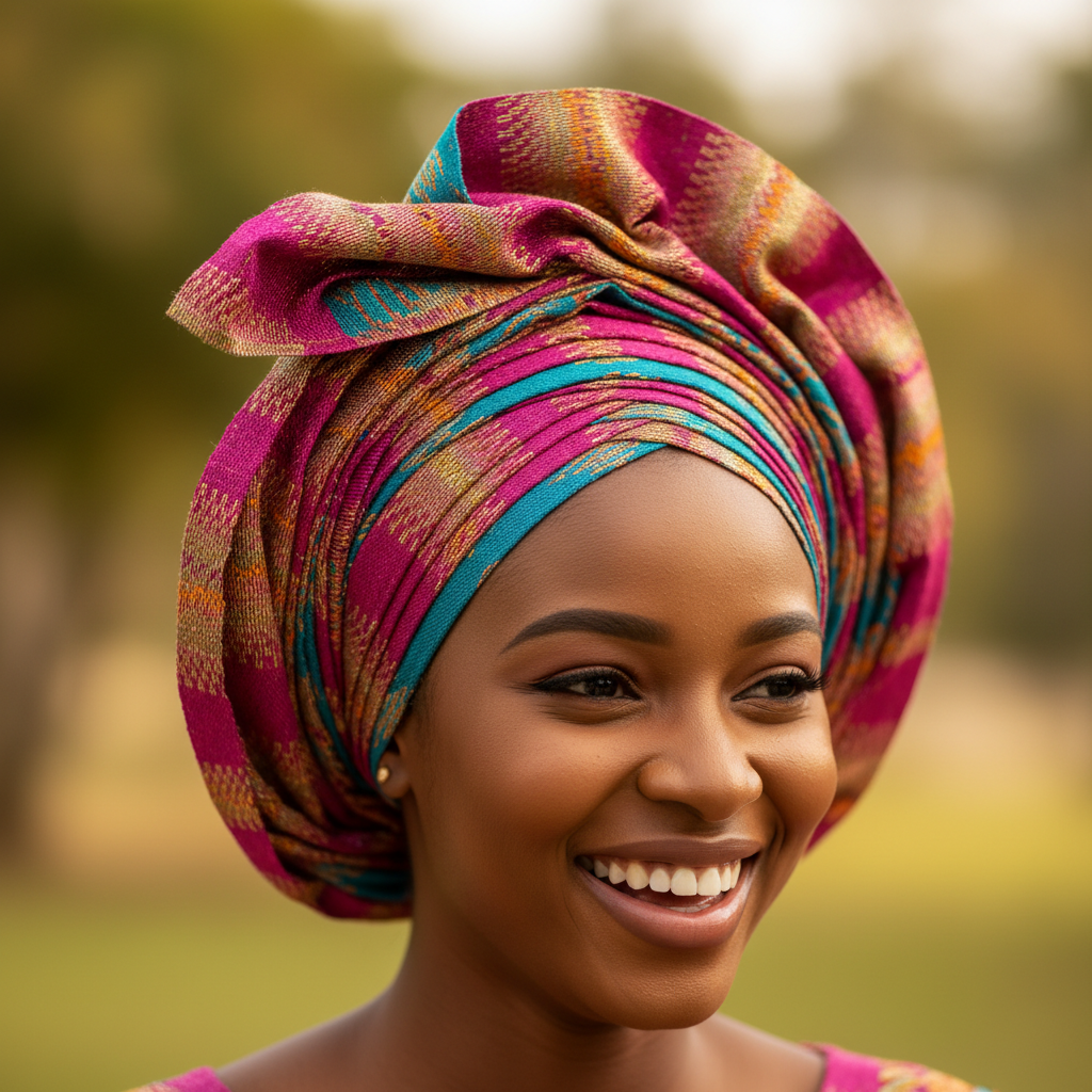 Portrait of Khadija Bello in traditional Nigerian headwrap with joyful expression