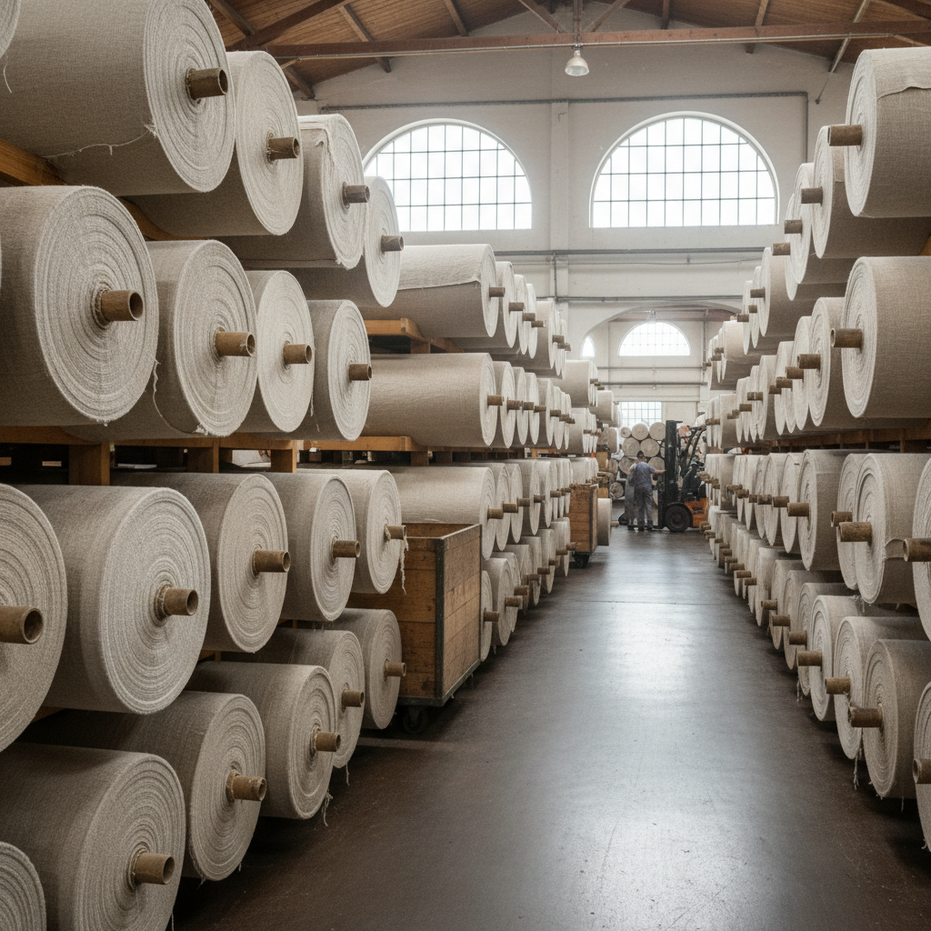 Crisp white ready-for-dyeing cotton fabric rolls stacked in a well-lit textile warehouse, neutral background