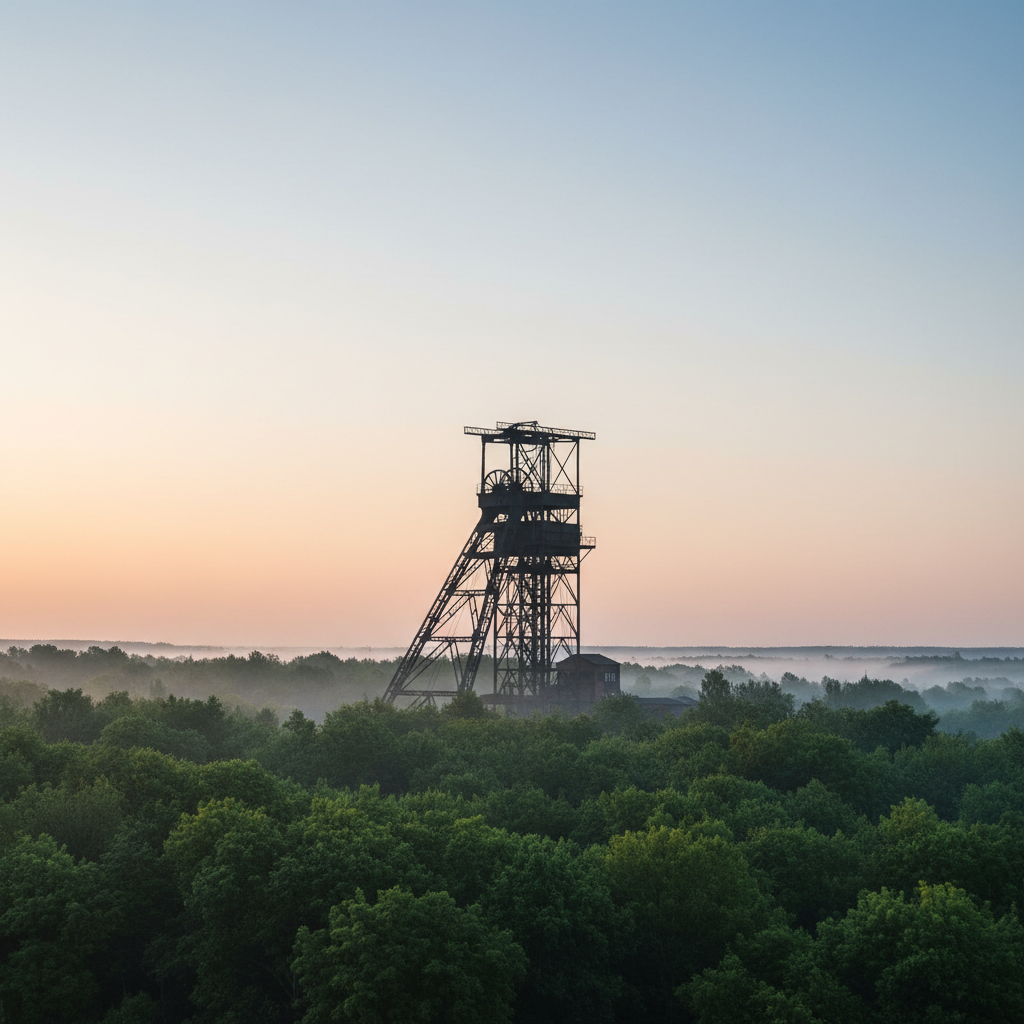 Industrial hoist tower silhouetted against early morning sky with green treeline in background