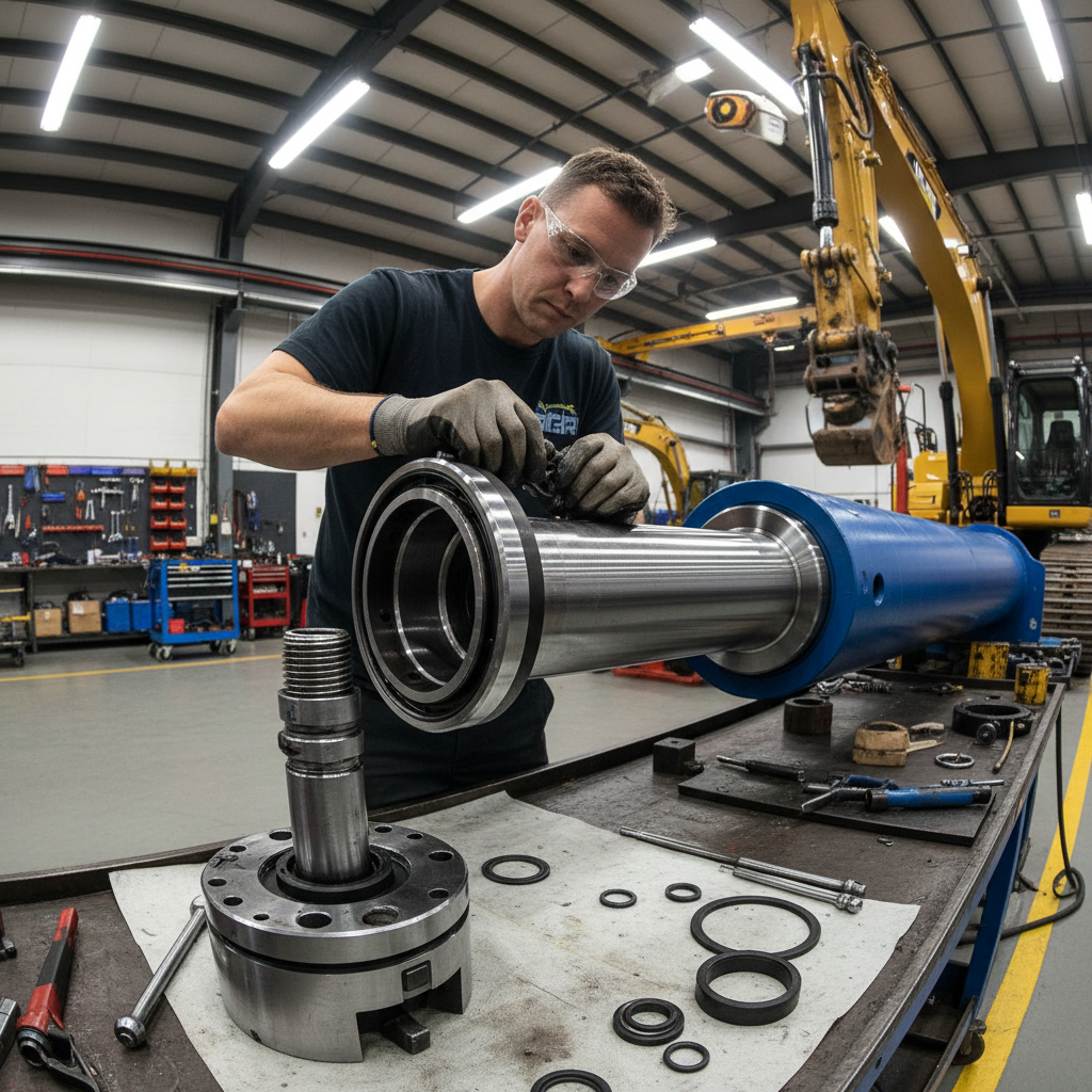 Mechanic performing precision hydraulic cylinder reseal on a large excavator boom cylinder in a clean shop environment