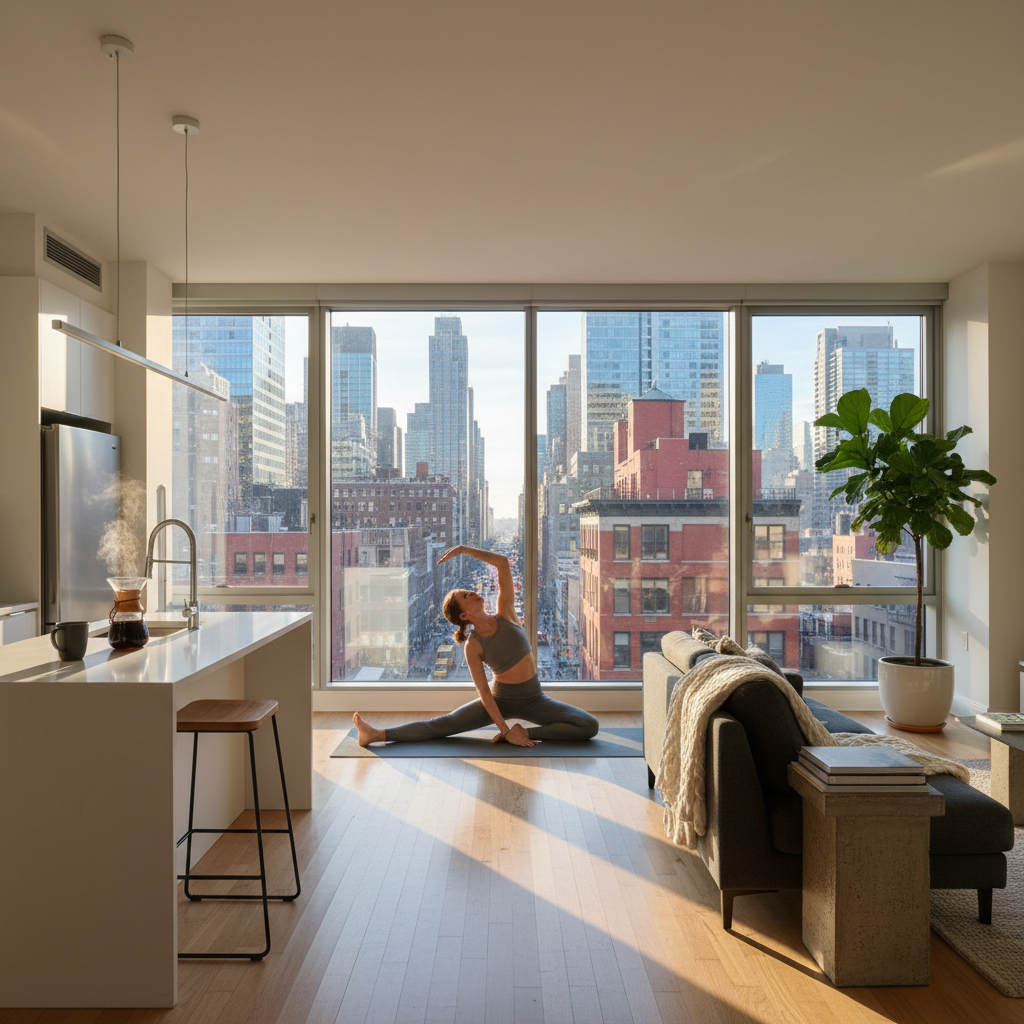 Person following a beginner workout on a mat in an apartment living room
