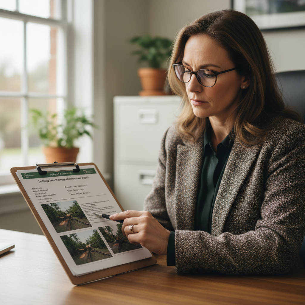 Insurance adjuster reviewing certified tree damage documentation report with photographs and arborist assessment on clipboard
