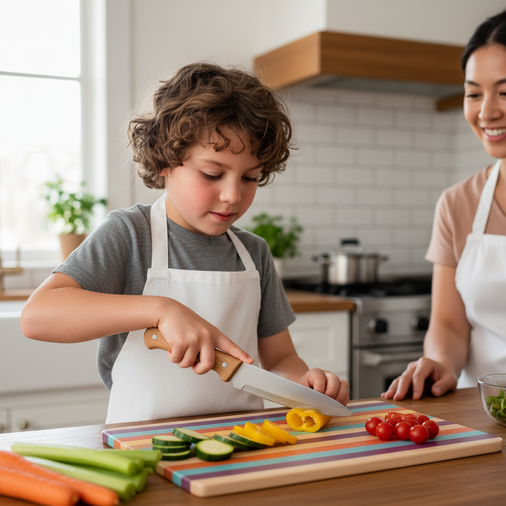 Eight-year-old using a proper kid-sized chef's knife to chop vegetables with a parent nearby