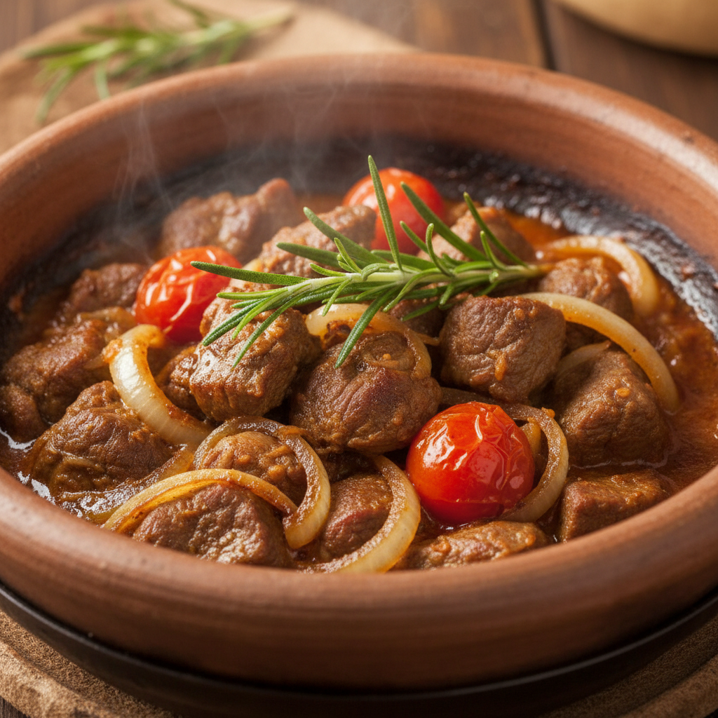 Lamb tibs sizzling in clay pot with herbs and spices on injera