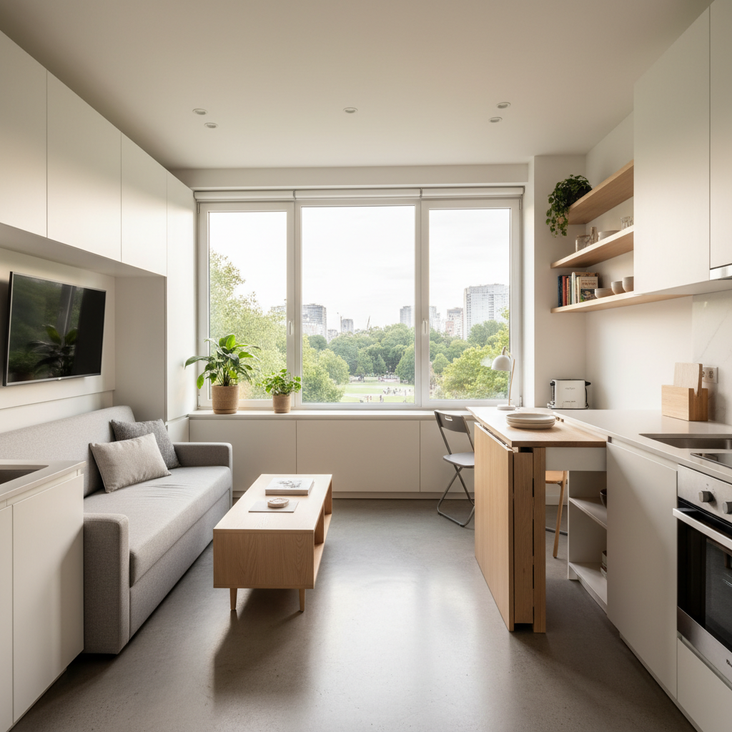 Moderne Mikroapartment-Inneneinrichtung, helles Licht, minimalistisches Design, effiziente Raumnutzung