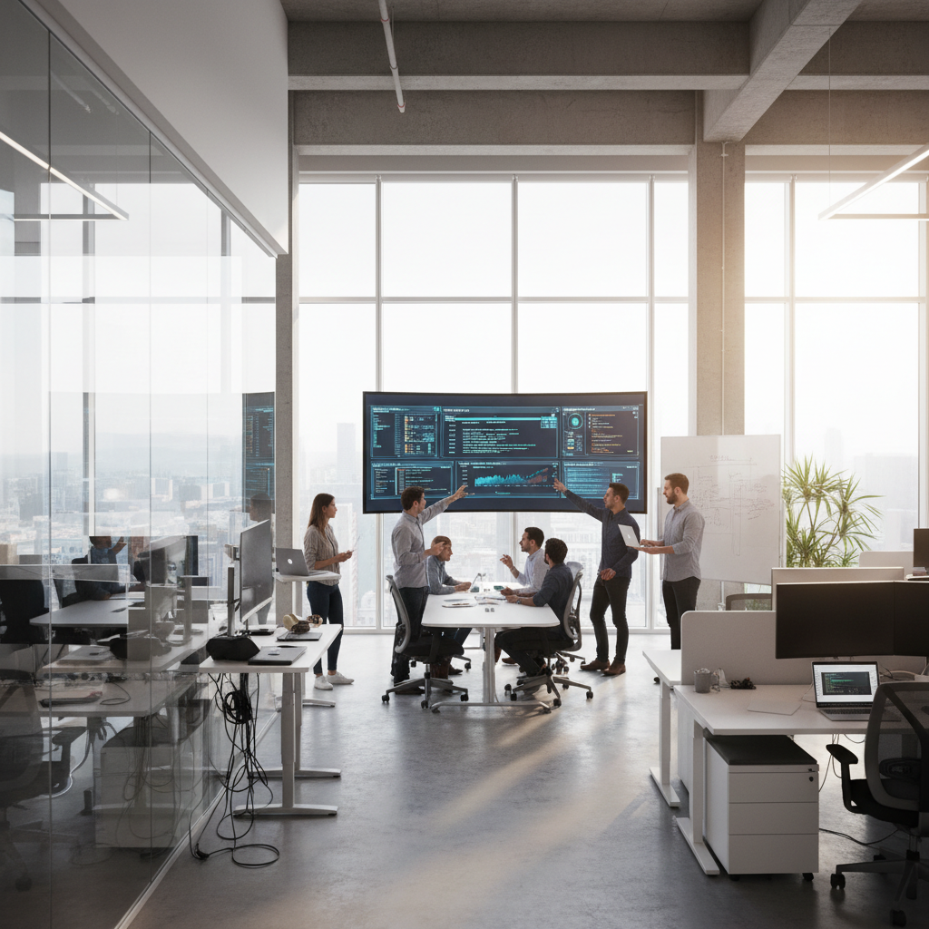 Team of engineers collaborating at a workstation with technical screens, modern office environment, professional engineering team, bright workspace