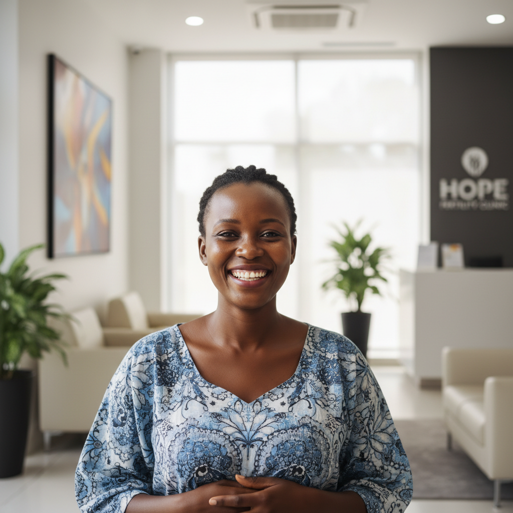 Portrait professionnel femme PDG congolaise, tenue professionnelle élégante, bureau moderne