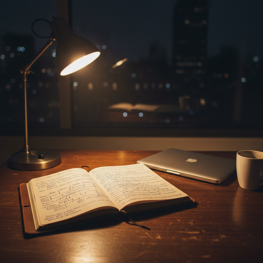 Desk with notebooks stacked under a warm violet lamp late at night