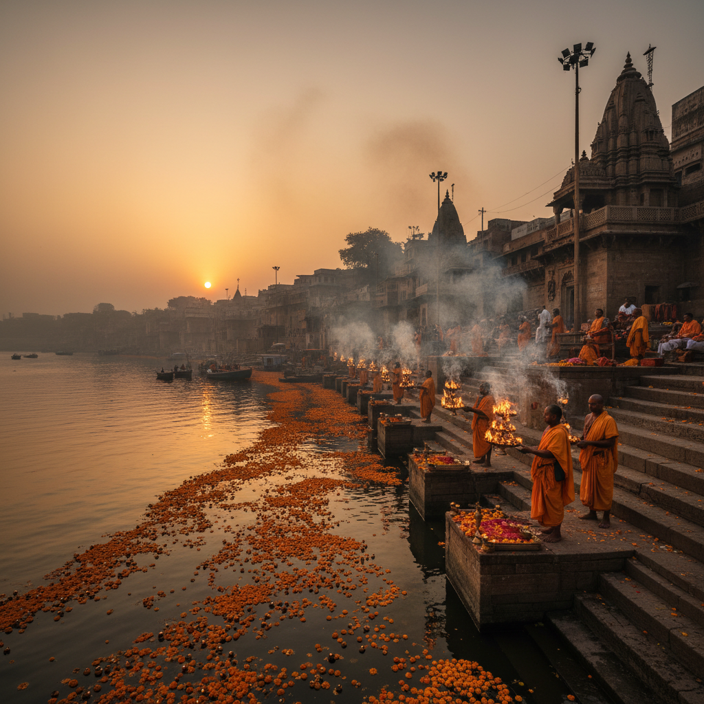 Grand Maha Aarti ceremony at night, rows of massive fire lamps, priests performing ritual, dark dramatic sky, golden fire reflections on water