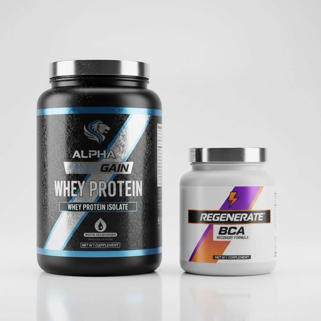Health supplement product page with clean white layout showing protein powder containers and nutrition facts