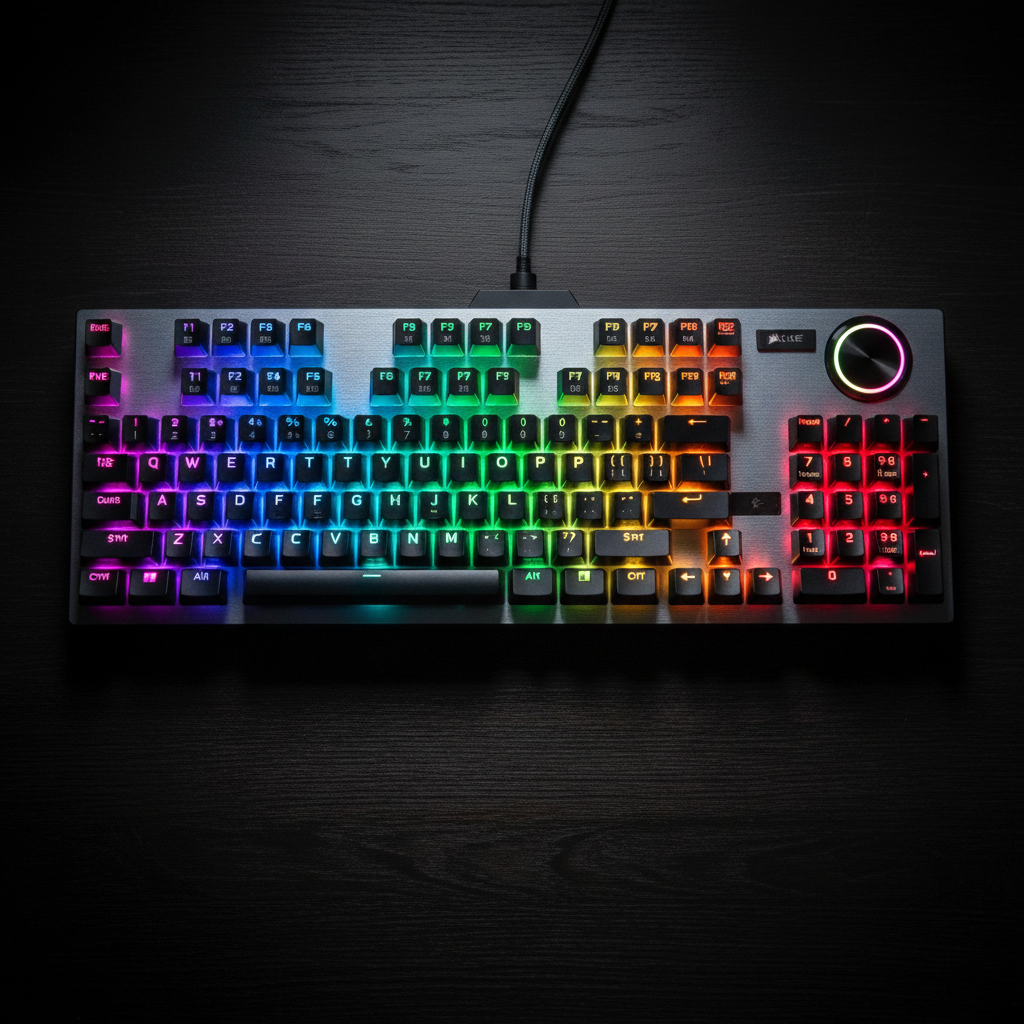Corsair K100 mechanical keyboard with RGB lighting on dark background