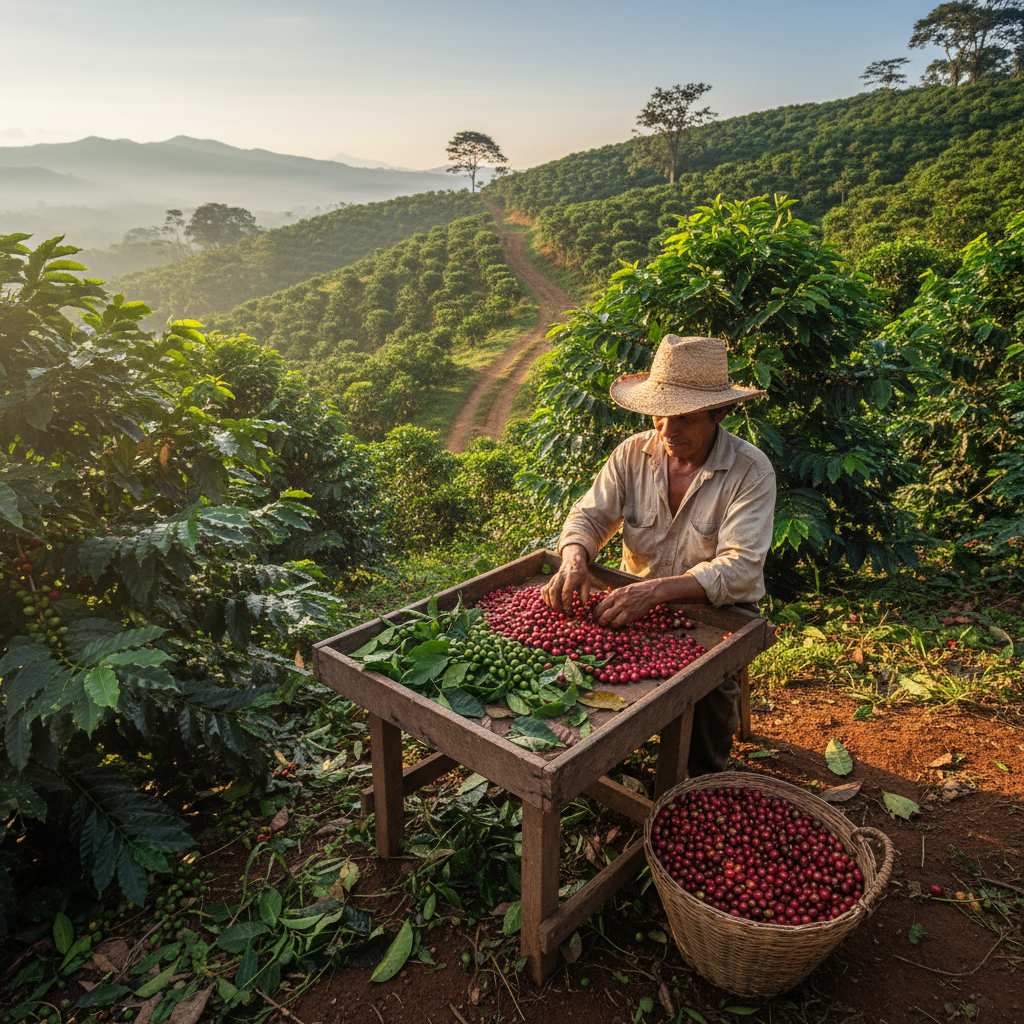 Coffee farmer in worn hat sorting red cherries by hand in morning light at Costa Rica finca