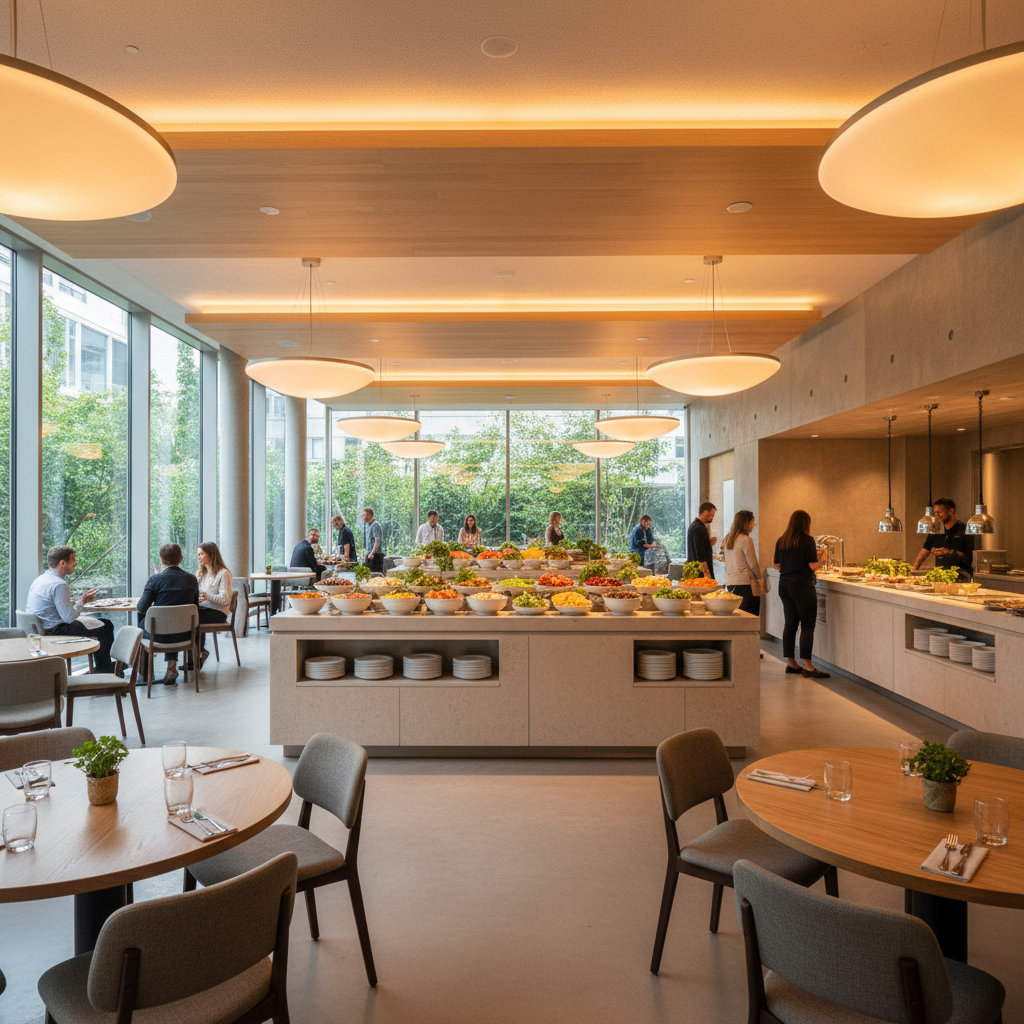 Communal dining area with long wooden tables and warm pendant lighting