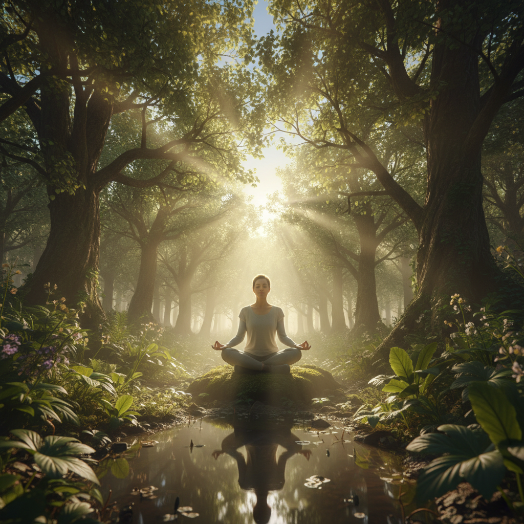 Woman in quiet reflection outdoors, soft natural light, healing and restoration atmosphere, warm tones, peaceful expression