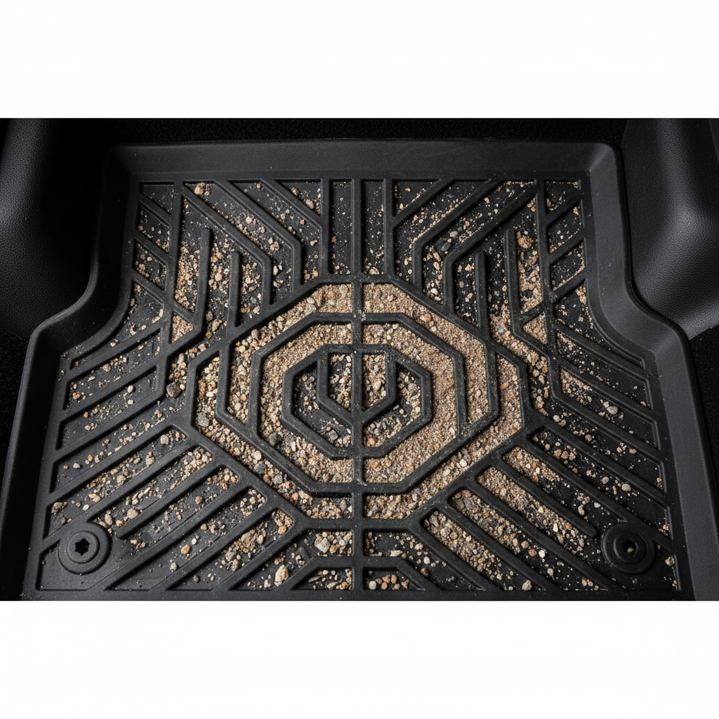 Stained dirty car floor mat before interior cleaning, ground-in dirt and debris in dim light