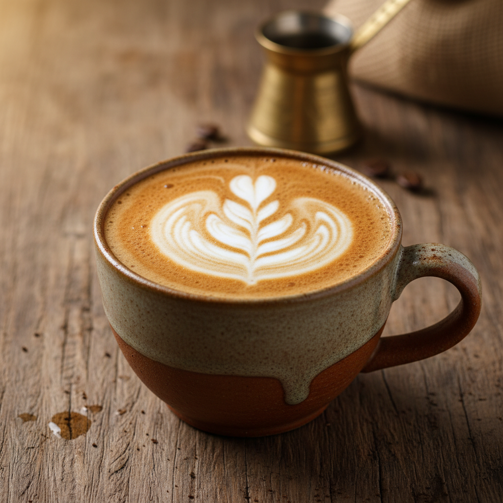 Freshly brewed coffee in ceramic cup with latte art on rustic wooden table, warm morning light