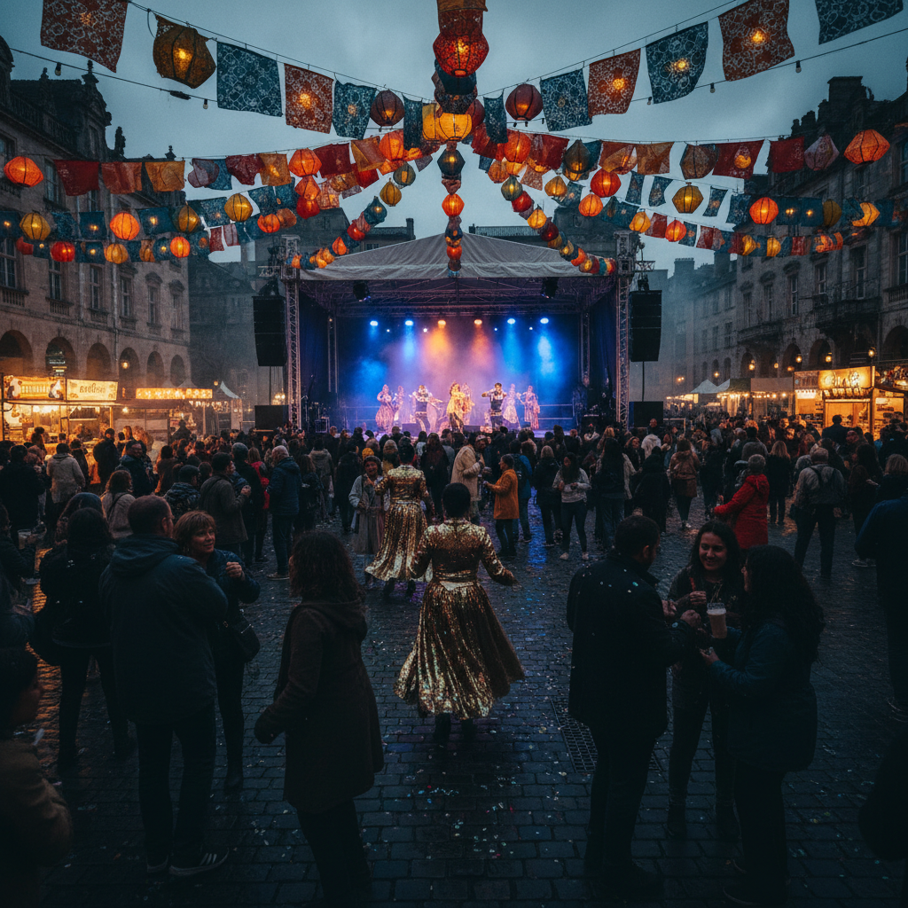 Joyful community event with colorful decorations, people celebrating, warm ambient lighting, festive atmosphere