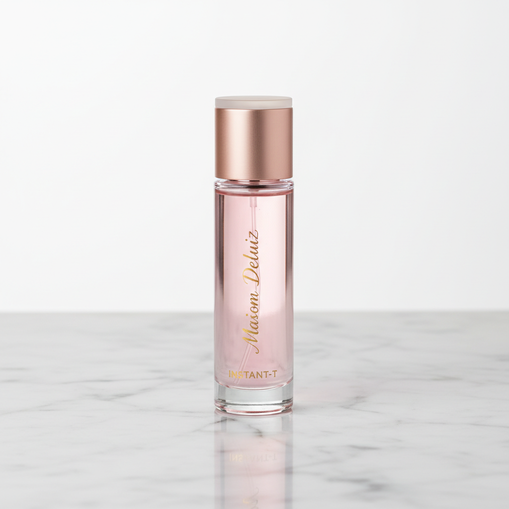 Pink and gold perfume bottle surrounded by rose petals on ivory marble surface
