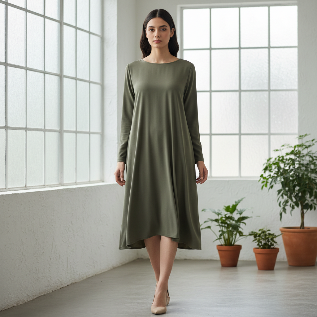 Model wearing standard fit tunic demonstrating balanced silhouette with modest coverage and flattering drape